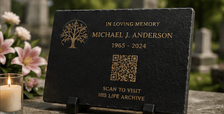 Memorial plaque keepsake with archive QR